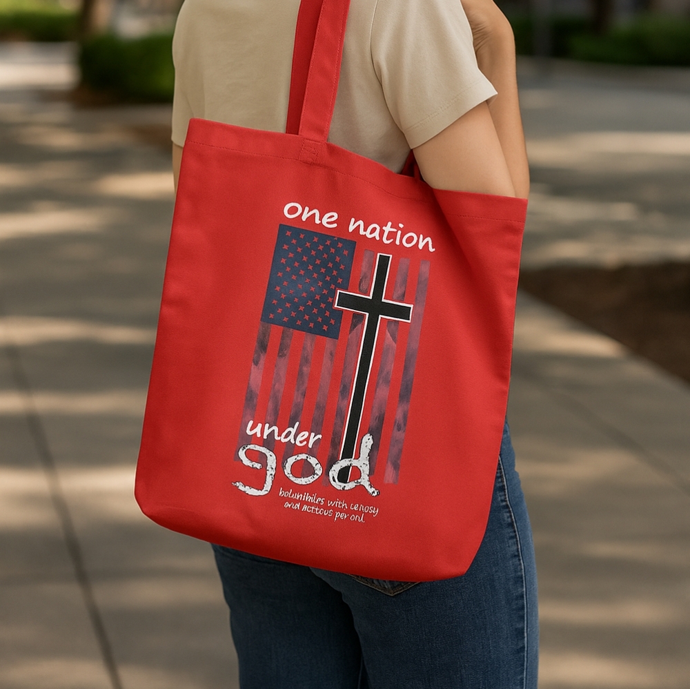 ✝️ One Nation Under God Tote Bag – Red Canvas USA Flag & Cross Faith Shopper